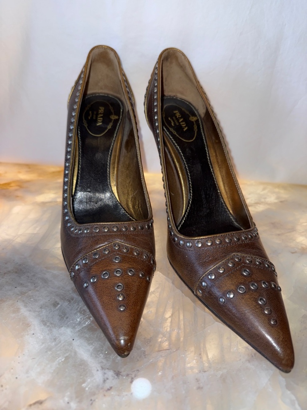 Prada Brown Studded Pointed Leather Pumps - Picture 2 of 9